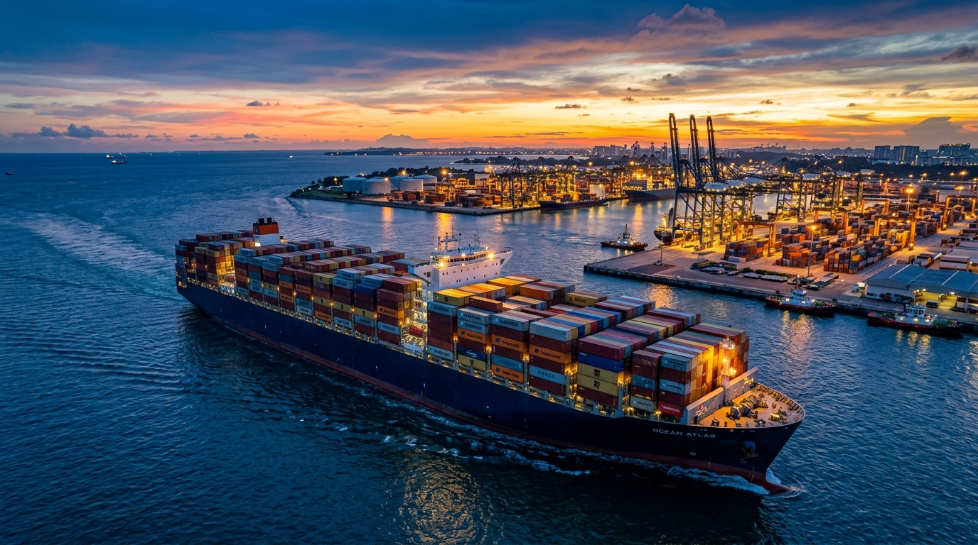 International container cargo vessel at deep-sea terminal